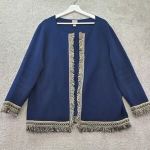 Chicos 3 Cardigan Sweater Women XL Navy Blue Gold Fringe Open Front Boho Classic